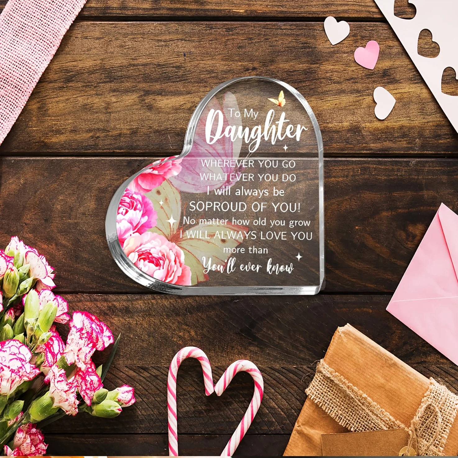 CIFBUY Acrylic Ornament 2D Flat Heart Shape Pink Watercolor Butterfly Flower Desktop Sitter Daughter Room Desk Home Decor Gift O
