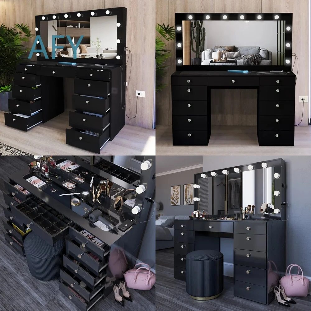 European Style Black Dresser with 11 Drawers LED Light Mirror for Bedroom Home Office Storage Furniture for Modern Minimalist