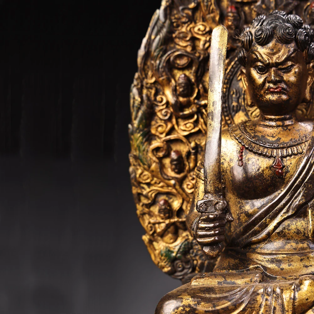Antique High Relief Acala Fudo Myoo Statue Clay Gold Tibetan Protector Home Decor Craft