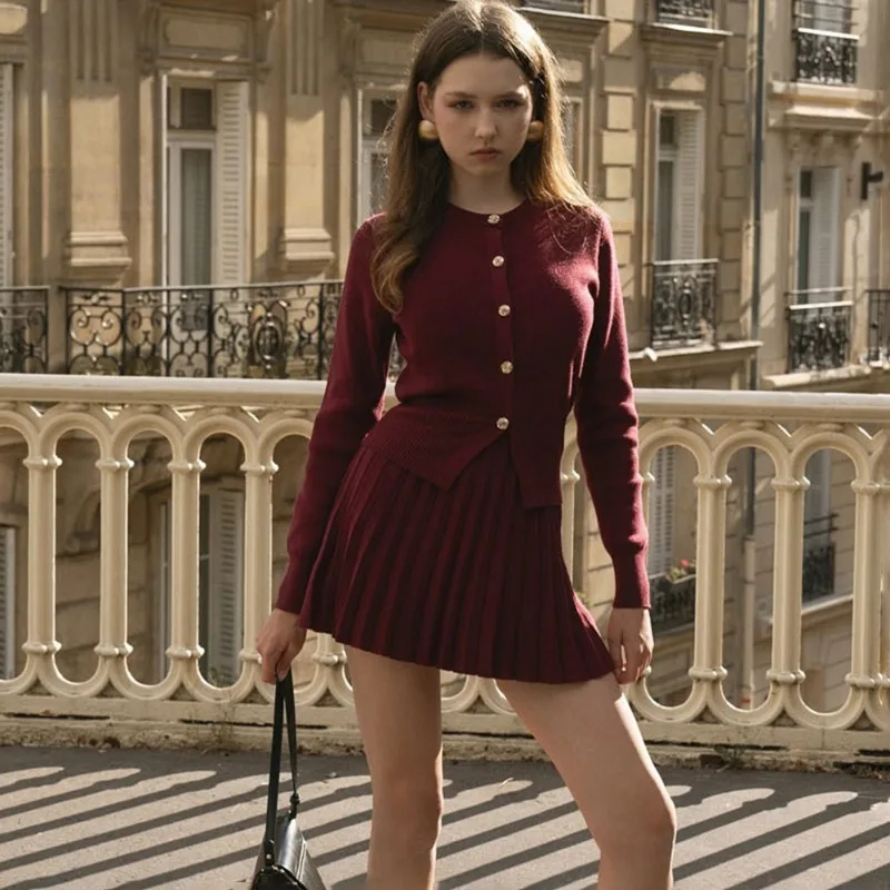 

Tuularose Knit Skirt 2-Piece Set Casual Vintage Cardigan High-Waisted Pleated Skirt Autumn New Commuter Elegant Women Dress Sets