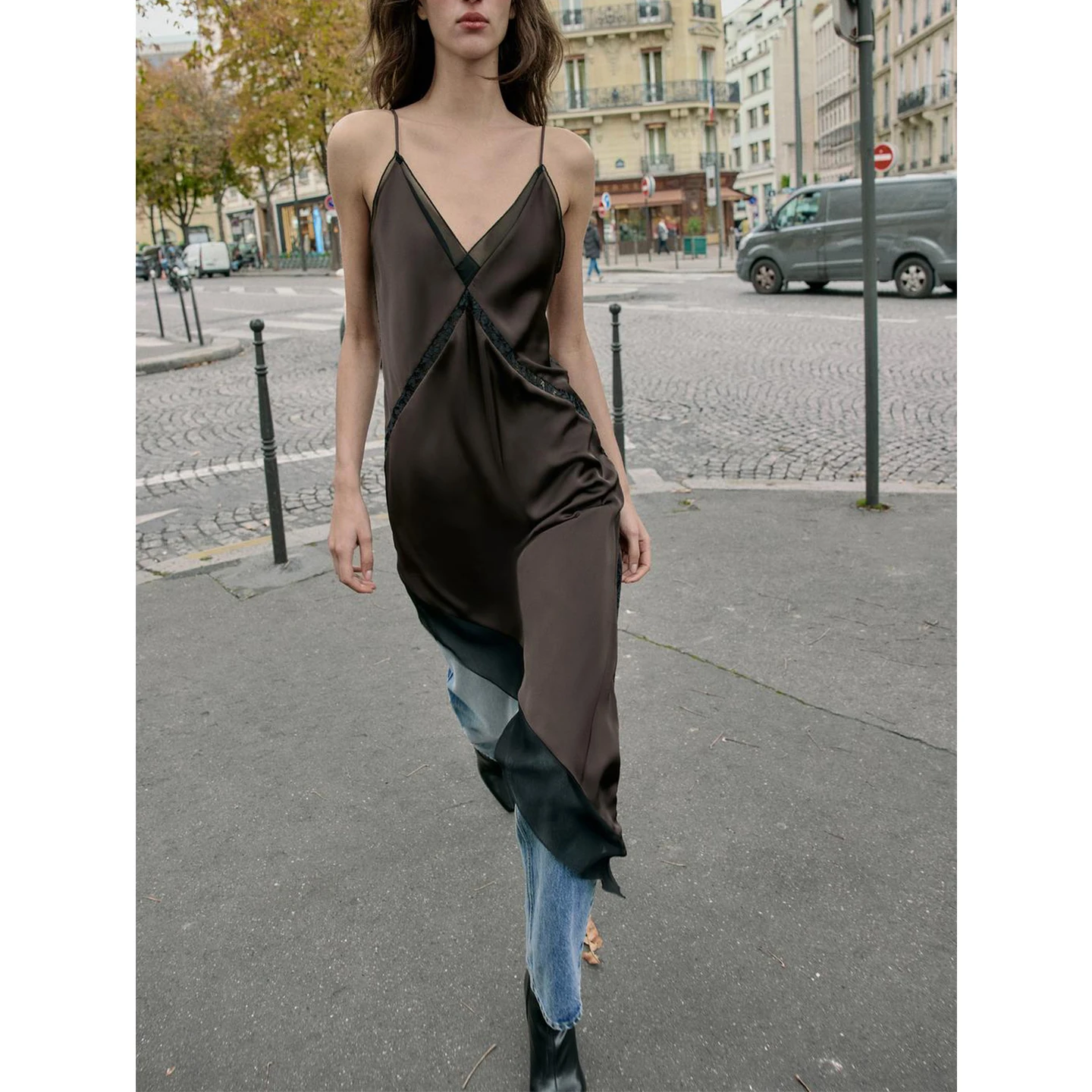 Winter New Women's V-ne Svel Silk Satin Asymmetrical Midi Dr French Sle Ci Commute Regular Thin Slim Fit