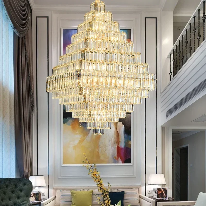 Postmodern duplex building square pyramid crystal chandelier living room, middle floor, high-end hotel lobby lighting decoration