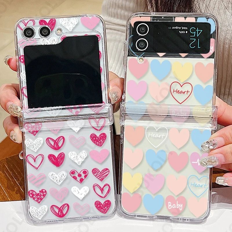 For Samsung Z Flip 5 Flip 4 Flip6 Love Heart Pattern Case For Samsung Galaxy Z Flip 5 4 3 Transparent Hard PC Folding Back Cover