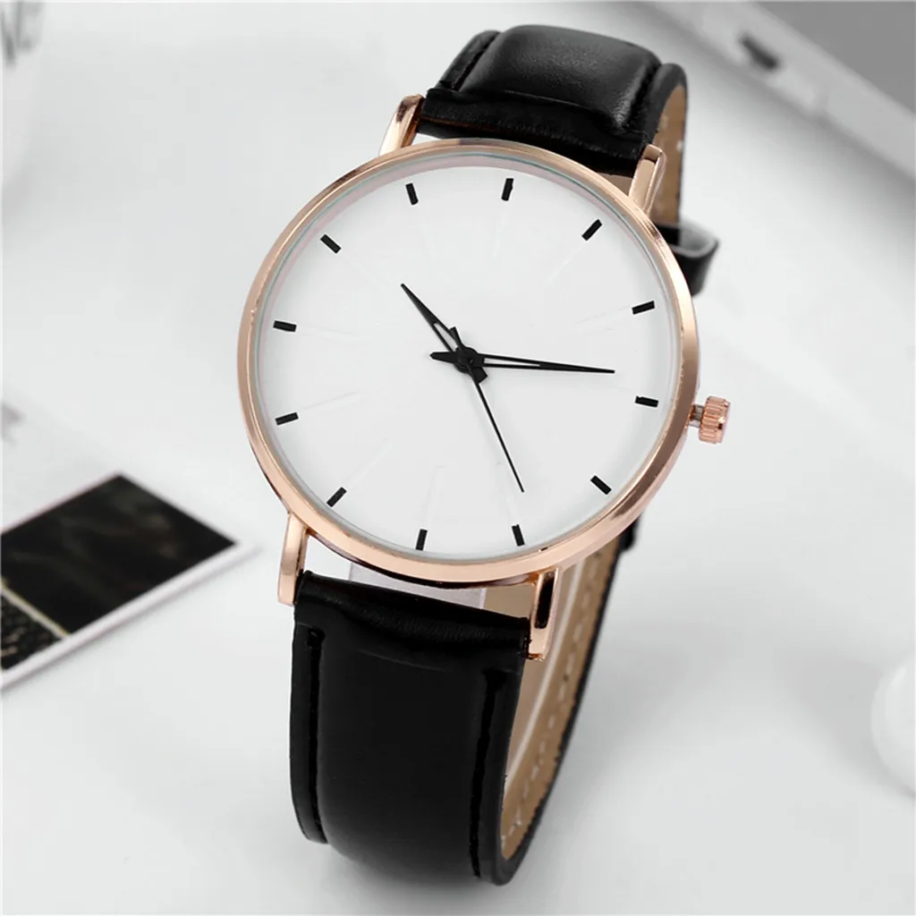 Sleek Couple Men's Watch Rose Gold Frame White Dial Black Leather Strap Minimalist Design Stylish Precise Fashionable Wristwatch