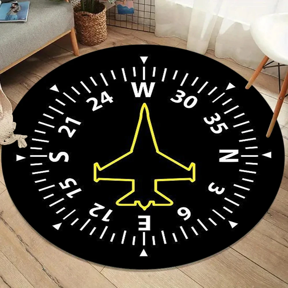 Aviation Theme Airplane Dashboard Compass Round Rug Anti-Slip Large Area Carpet for Living Room Bedroom Decor
