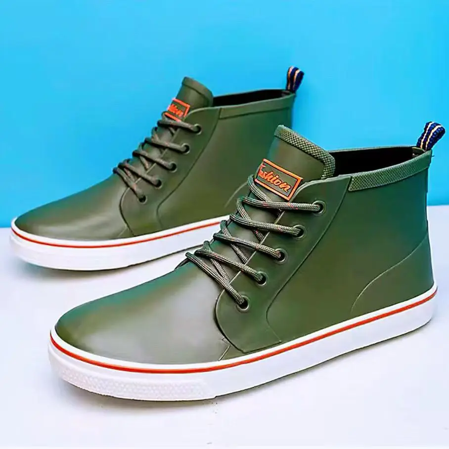 

Men's Four Seasons Flat Sole Lace Up Ankle Rain Boot Lovers Thick Sole Non Slip Round Toe Waterproof Outdoor Casual Sports Shoes