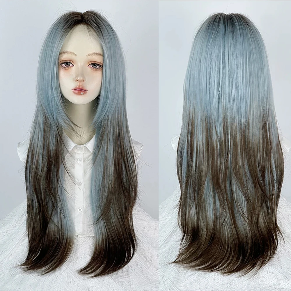 Black Ombre Blue Synthetic Long Straight Wig Middle Part Lolita Cosplay Fluffy Women Heat Resistant Wig for Daily Party