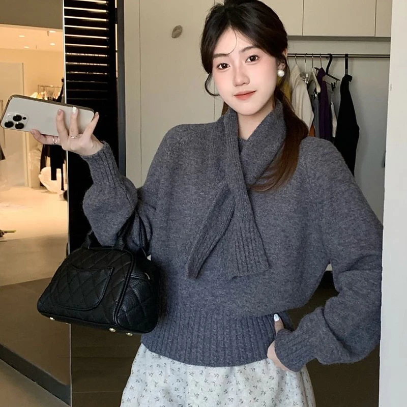 Korean Solid Color Warm Women's Sweater with Scarf Autumn Winter Soft Comfort Pullover Female Lazy Style Round Neck Knitwear