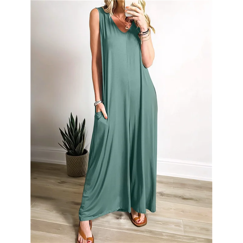 

【SEE】Women's Casual Summer Loose Jumpsuits Sleeveless V Neck Wide Leg Long Rompers Baggy With Pockets