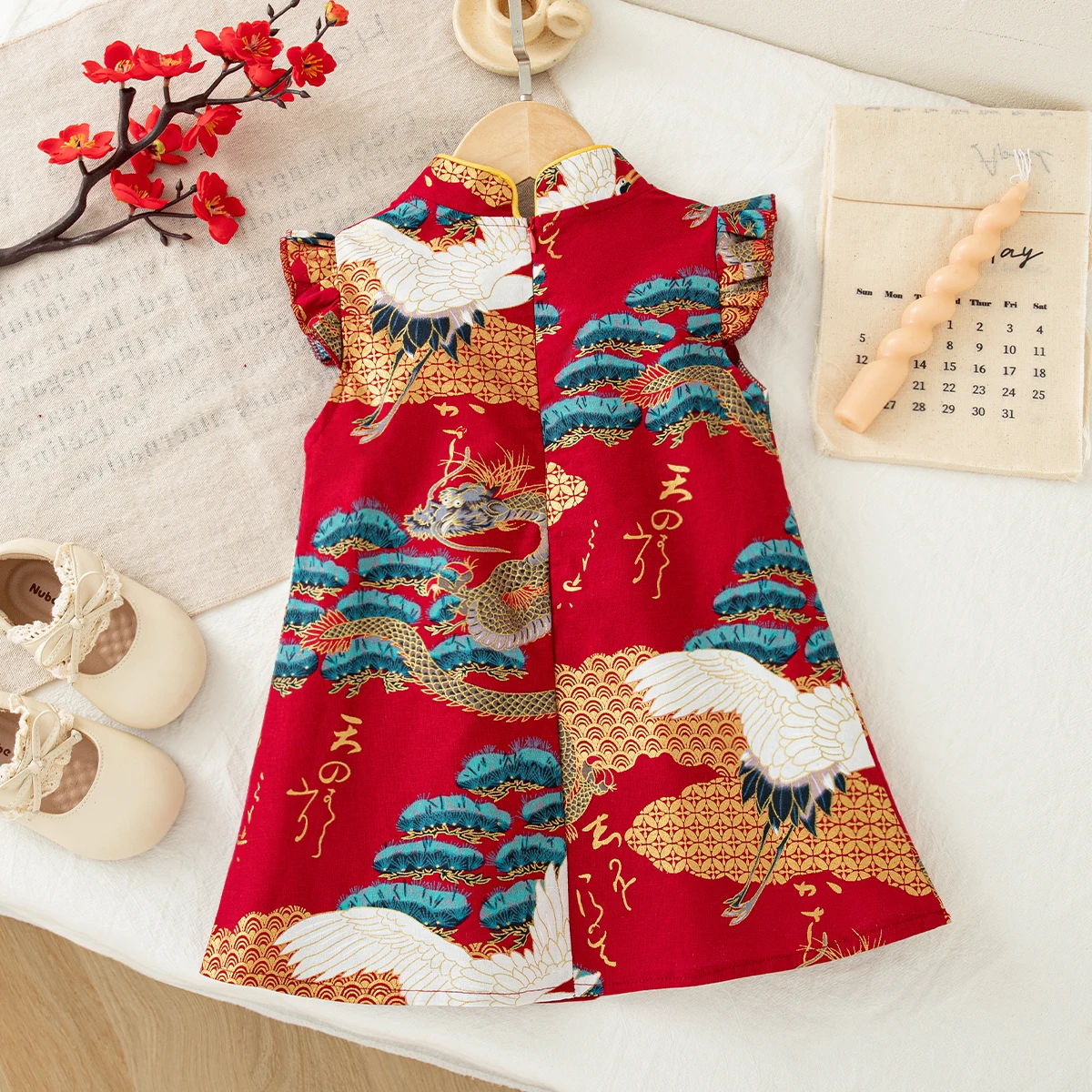Baby Girl Sleeveless Qipao Dress Chinese Style Pattern Cheongsam with Tassel Infant Formal Outfit for New Year