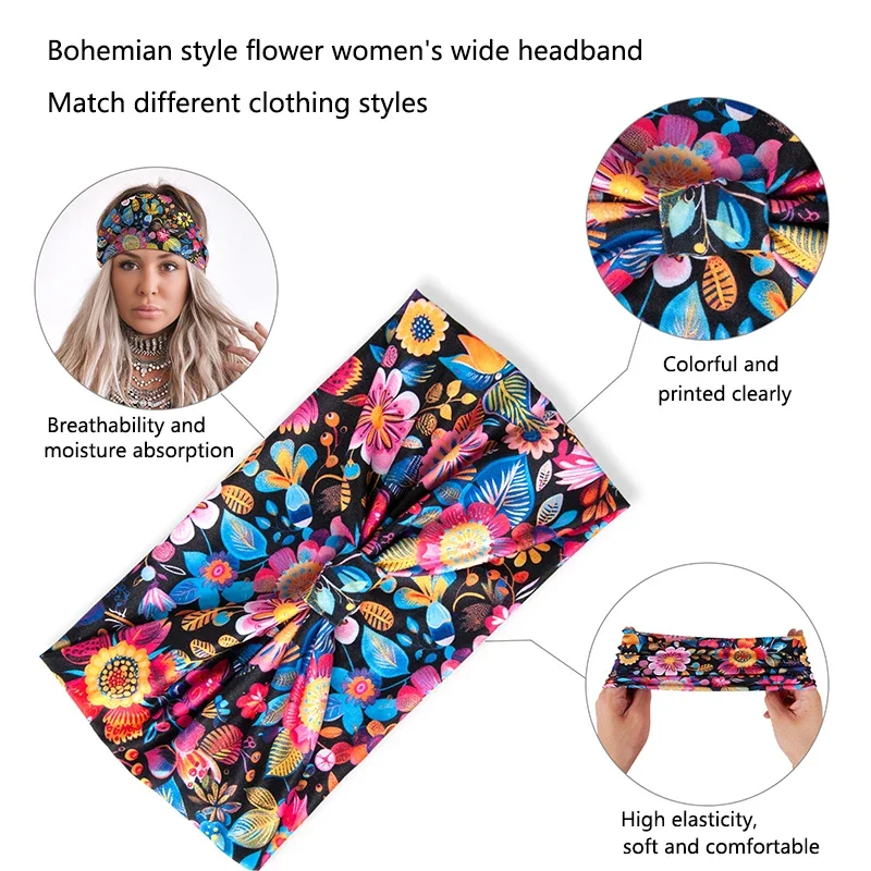 Women Fashion Bohemia Style Headbands Wide Edge Flower Print Elastic Knot Turban Headwrap Summer Beach Headwear Hair Accessories