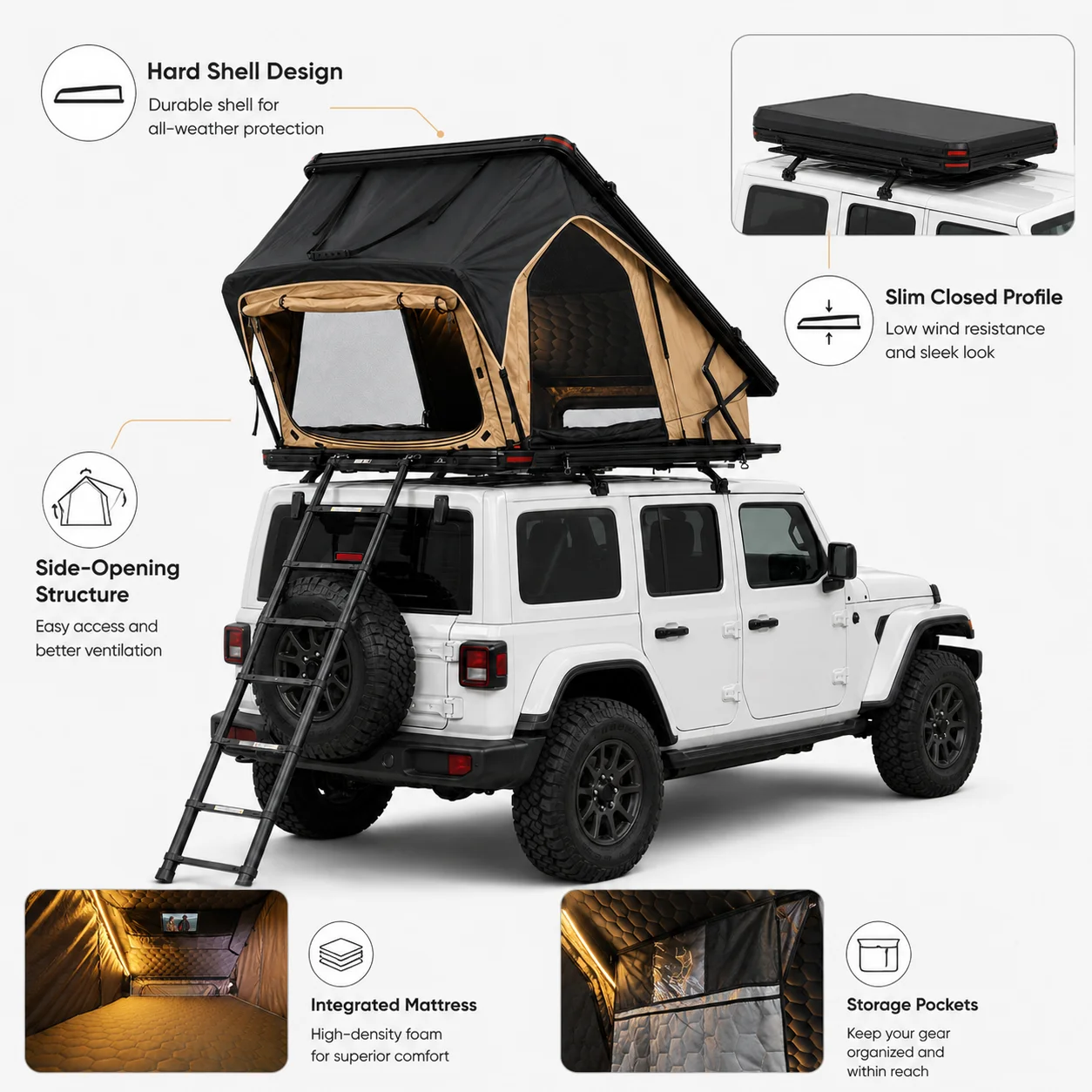 Compact Fold up Aluminum Off-Road Expeditions Car Roof Tent Hard Case Tent with Triangular Vent Panels Foam Mattress