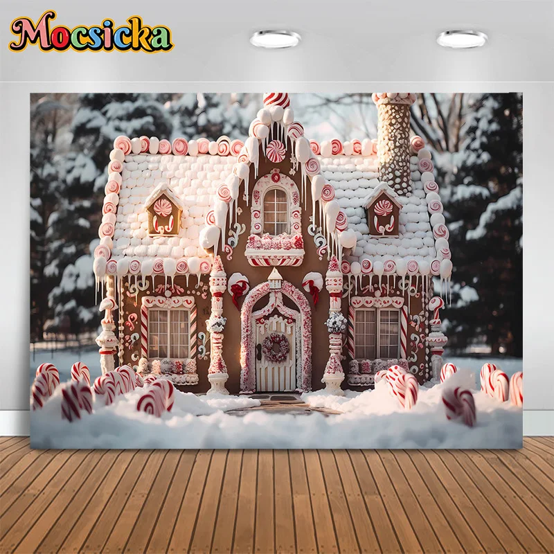 

Mocsicka xmas photography background pink candy house forest backdrop new year's eve girls party cake smash banner photo studio