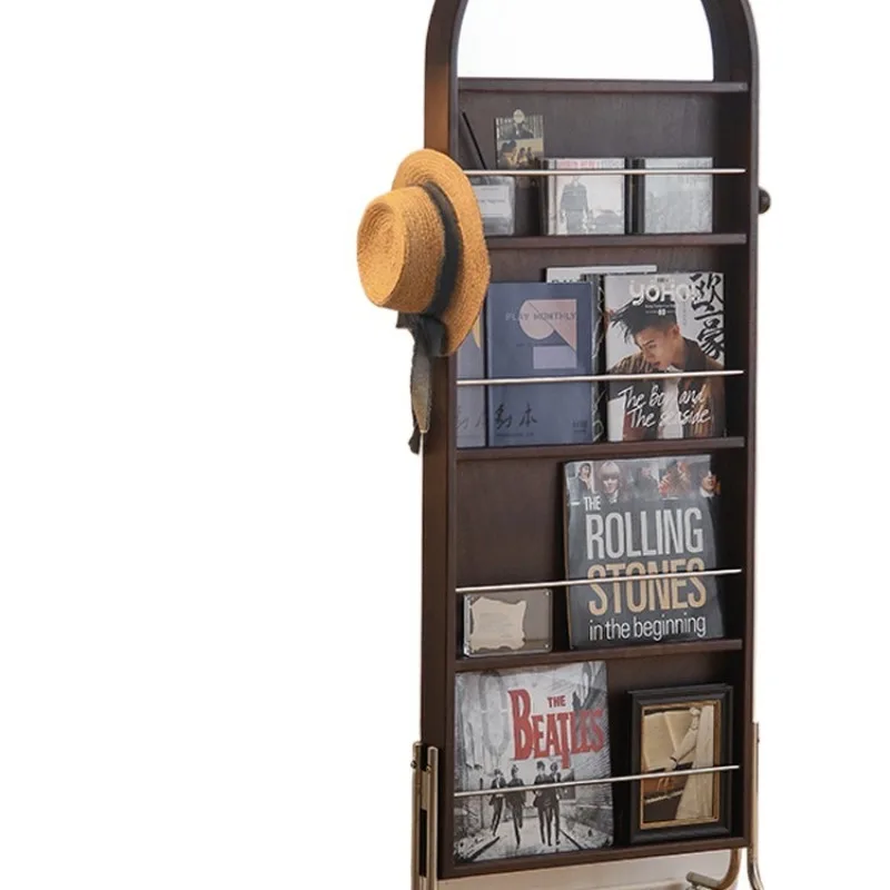 Vintage-style solid wood rotatable mobile magazine rack, full-length mirror home floor-standing storage rack
