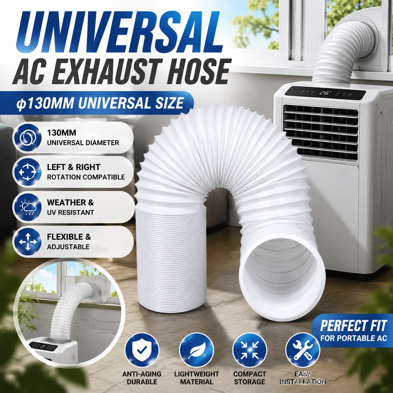 130mm Universal Flexible Air Conditioner Exhaust Hose Anti-Aging UV Weather Resistant Adjustable Duct For Mobile AC Ventilation