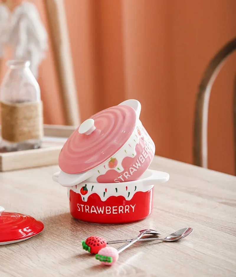5 inch, embossed porcelain dinner bowl with lid, strawberry design, porcelain fridge fruit bowls, saladiers, kids cereal bowl