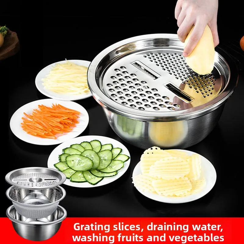 

3pcs Stainless Steel Multi-Functional Kitchen Grater Set Draining Bowl with Vegetable Washing Mandoline Slicer for Potato