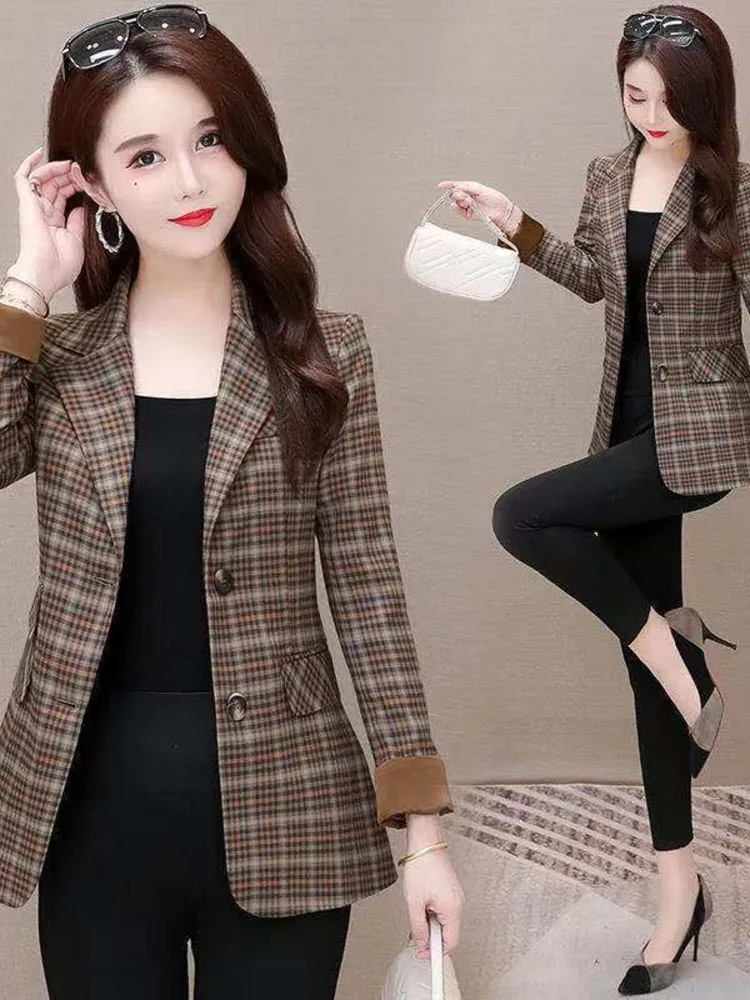 Women Coat Korean Fashion Elegant Lattice Casual All-match Temperament Design Chic Business Single Breasted Blazer New