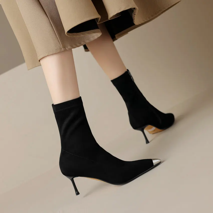 QUTAA 2024 Women Ankle Boots Spring Autumn Thin High Heel Shoes Stretch Woman Genuine Leather Casual Office Working Size 34-39