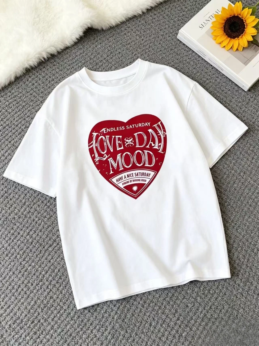 100% Cotton Women's Casual Loose Fit White Short Sleeve T-Shirt Summer New Unique Design Heart Letter Print Round Neck