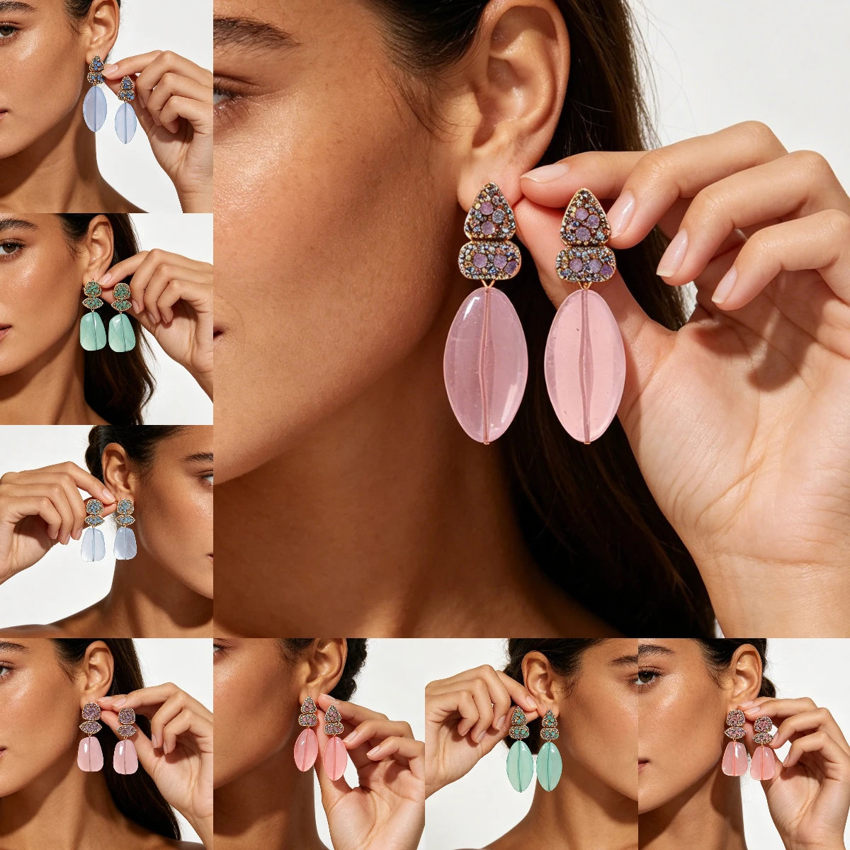Cross border new summer geometric earrings with pink jelly earrings, full of colorful diamonds, sweet and cute earrings