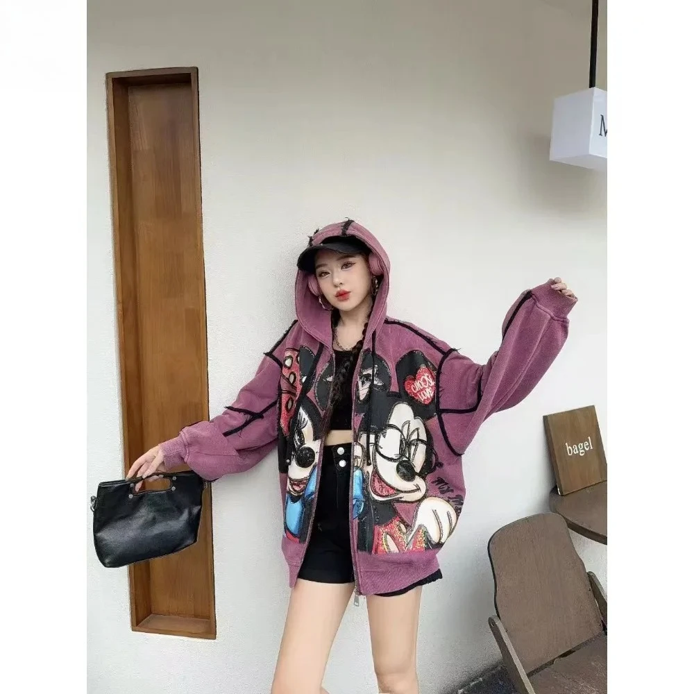 Outono nova chegada feminina jaqueta casual-resistente impresso padrão dos desenhos animados oversized versátil topo para uso diário/gravos de semana