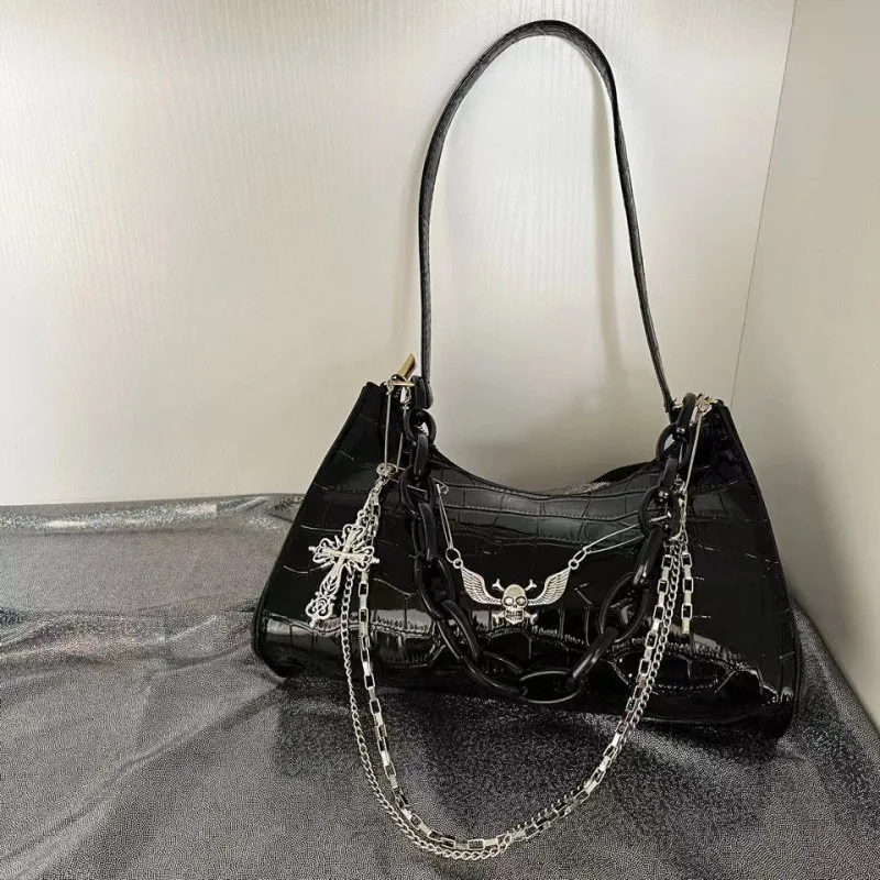 

Millennium Spice Girls Subculture Dark Punk Underarm Bags Cross Skull Shoulder Bag Y2K Chain Crocodile Crossbody Bag for Women