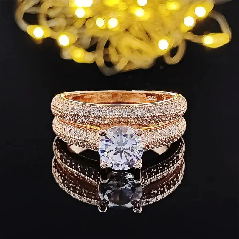 CC Rose Gold Color Ring Set For Women 2pcs Double Stackable Fashion Jewelry Wedding Engagement Marriage Accessories CC634