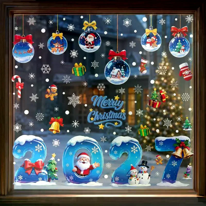 1/2/4 Sheets 2027 Christmas Snowman Pinecone Static Stickers Santa Claus Window Glass Decals Holiday Home Decorations