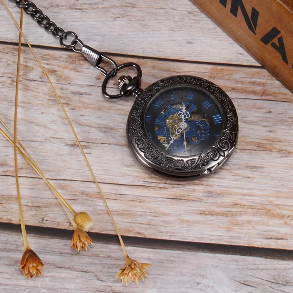 Fashion Quartz Pocket Watch Black Hollow Petal منحوتة مع سلسلة Steampunk Copper Fintage Black Series معلقة الساعات