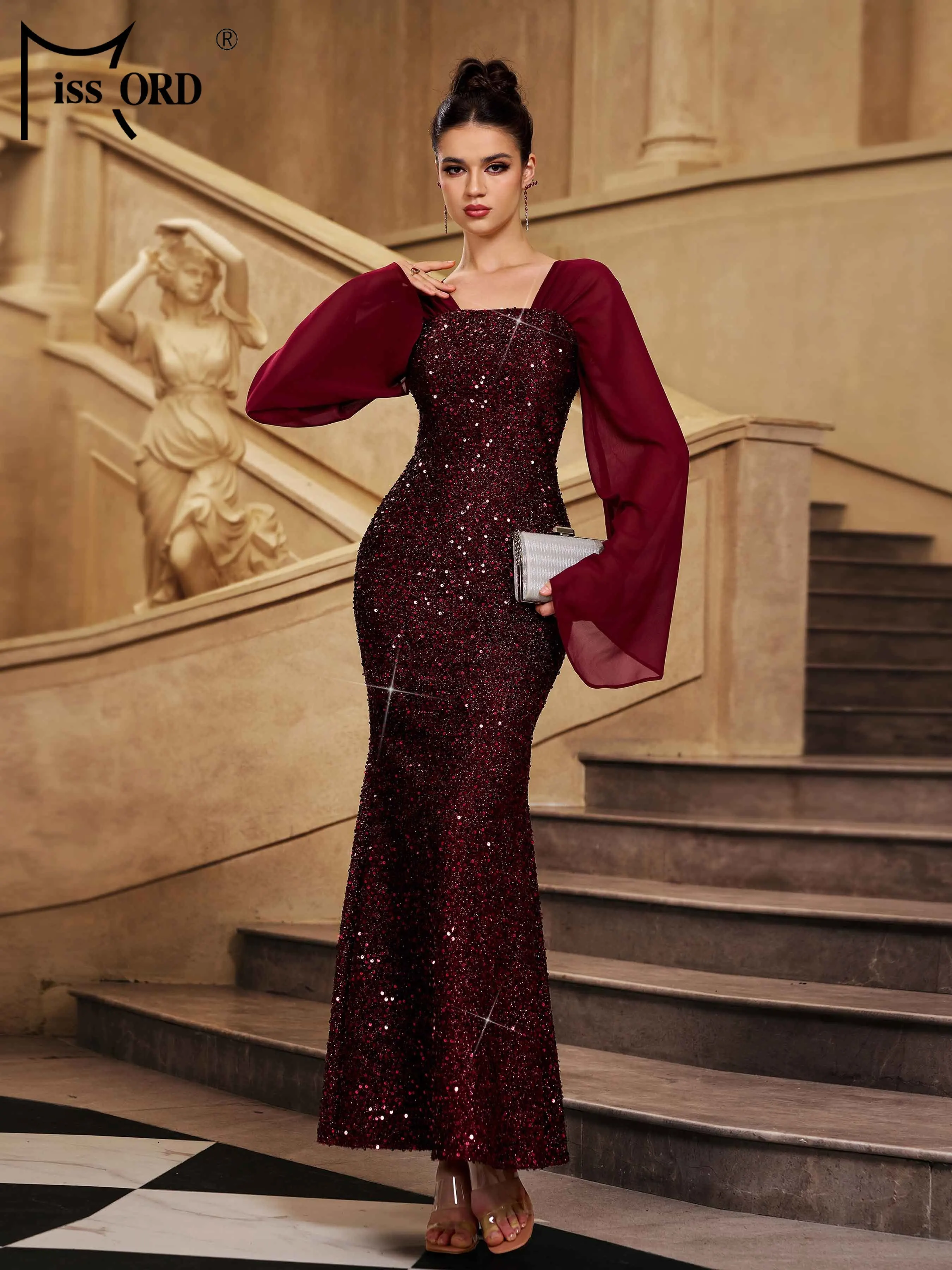 Missord nouveau 2025 église col carré manches évasées paillettes sirène robe de soirée de mariage fête d'anniversaire remise des diplômes robes Maxi