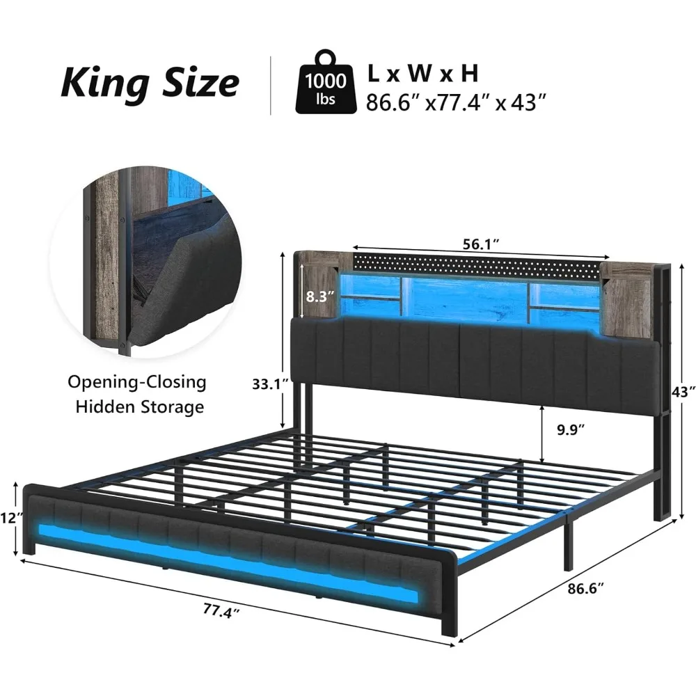 LED Upholstered King Size Bed Frame with Charging Post, Illuminated King Size Platform Metal Bed Frame