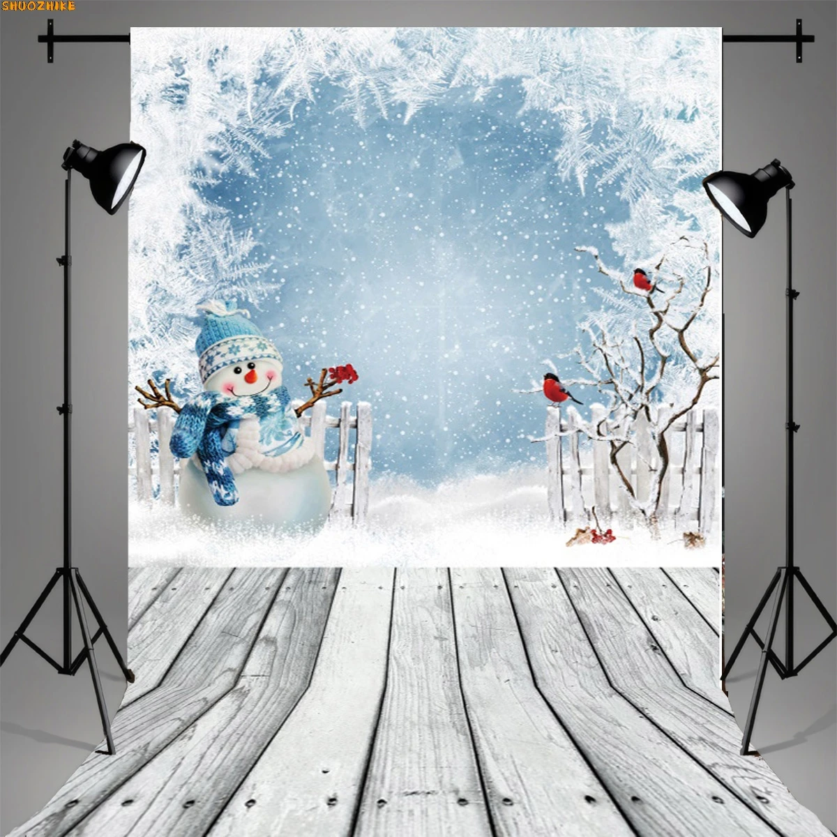 

Snowy Wooden Table Christmas Day Ornament Background Abstract New Year Party Halo Defocused Lights Photography Backdrops CV-03