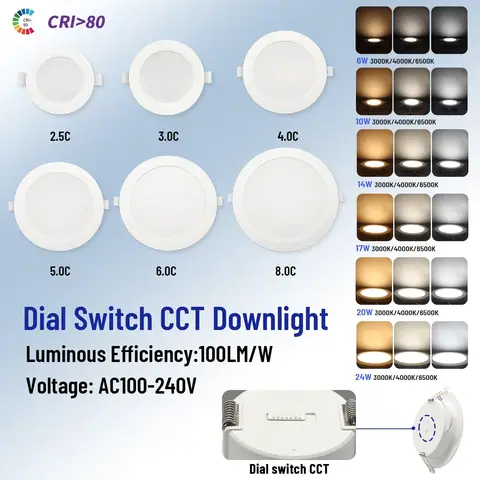 1-10pcs LED Downlight 100-240V Dial swich CCT 3000K/4000K/6500K Ceiling Light 20W/24W Recessed Round Panel Light Indoor Lighting