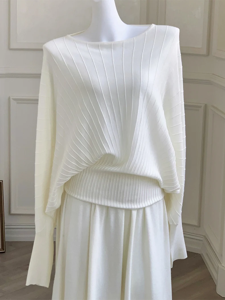 SuyaDream, Pullovers for Woman, 31%Wool, Slash Neck, Bat Sleeved, Chic Sweaters, 2025 Fall Winter Top, White