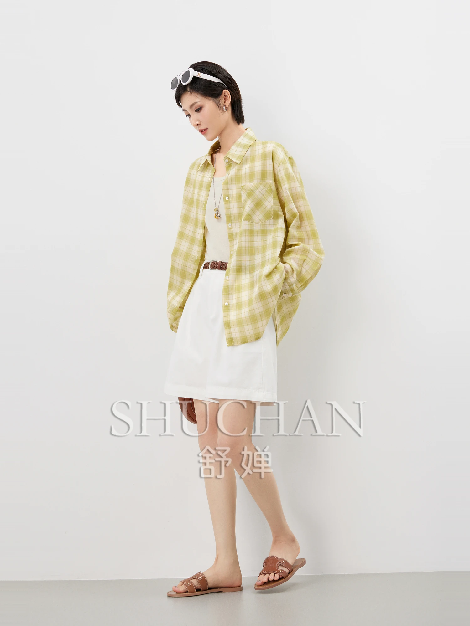 

good quality 100% refined cotton Korean fresh contrasting color plaid casual shirt, loose and thin sunscreen