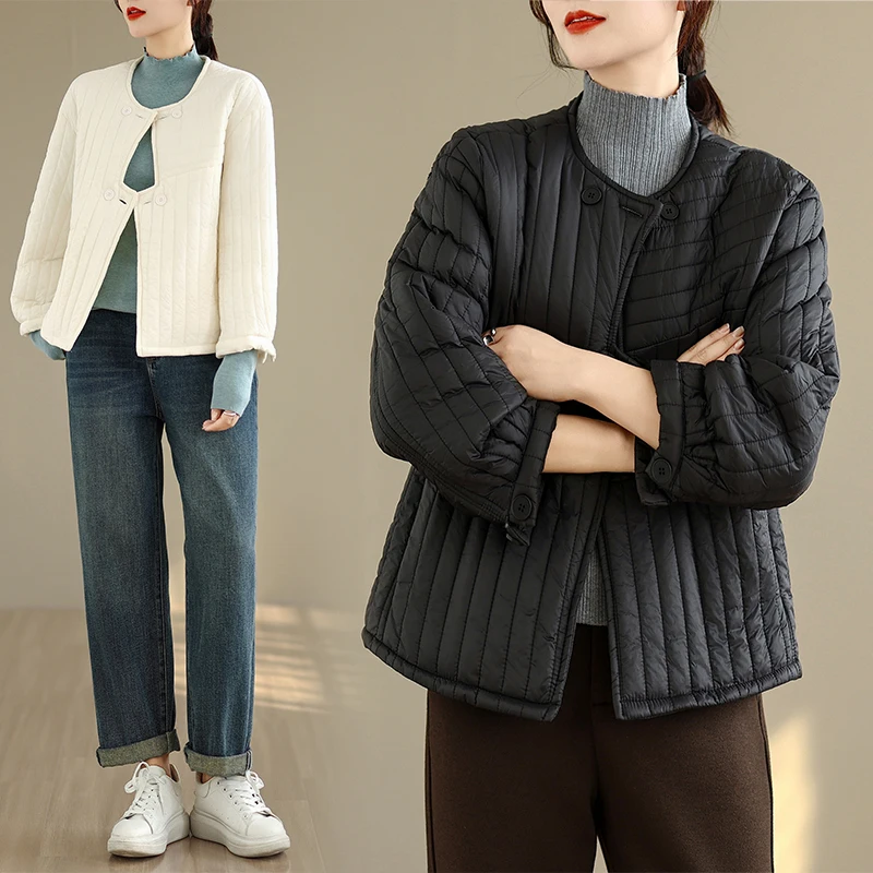 

Korean Style round Neck Quilted Women's Winter Loose Casual Asymmetrical Button Warm Cotton Jacket Outerwear