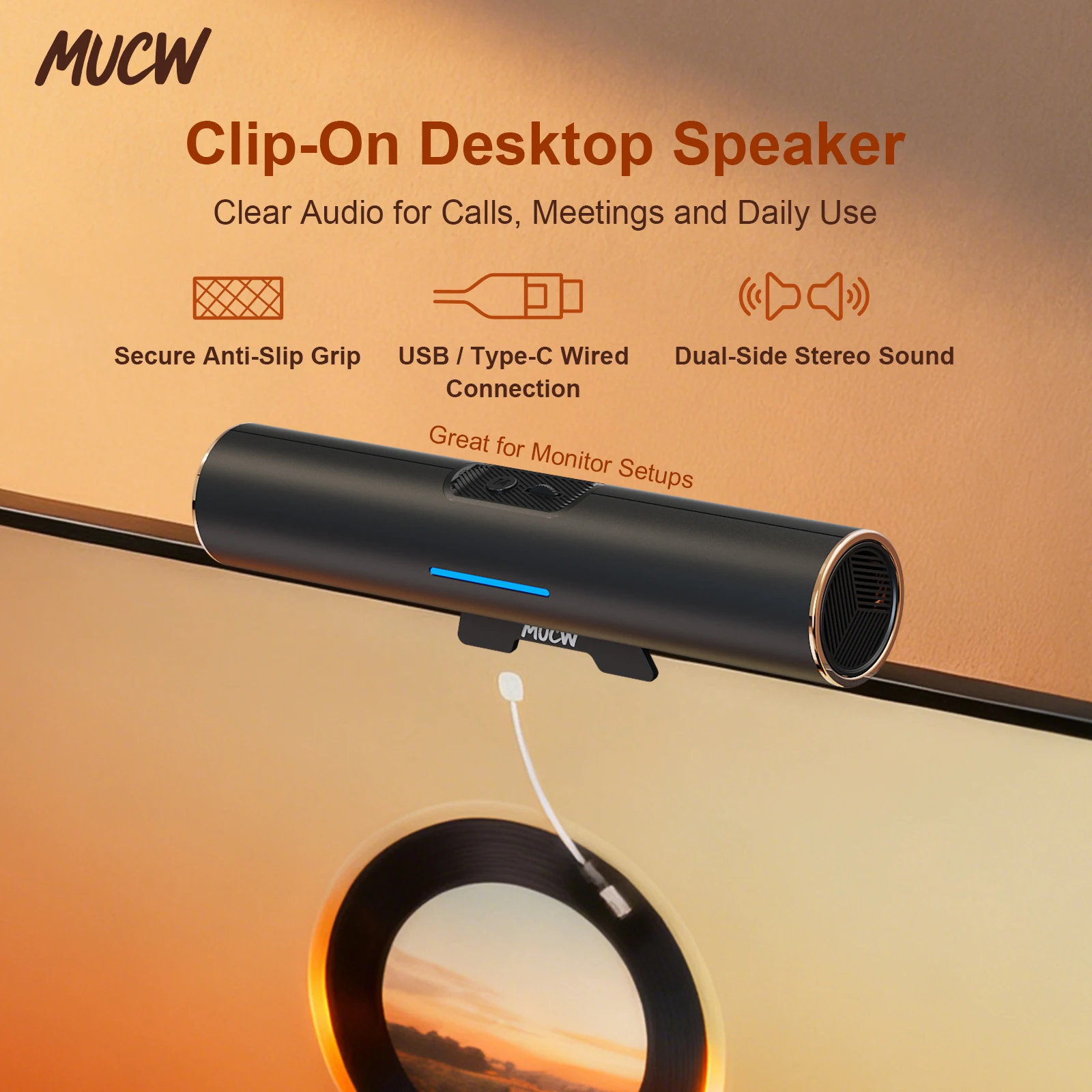 MUCW Desktop Sound Bar Clip‑on Monitor Speaker 6W Stereo USB‑C Plug Play Wired Computer Audio for Flat Screen PC Mac Office