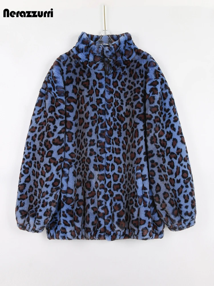 Nerazzurri Winter Oversized Colorful Leopard Print Thick Warm Hairy Faux Fur Coat Women Stand Collar Zip Up Casual Fluffy Jacket