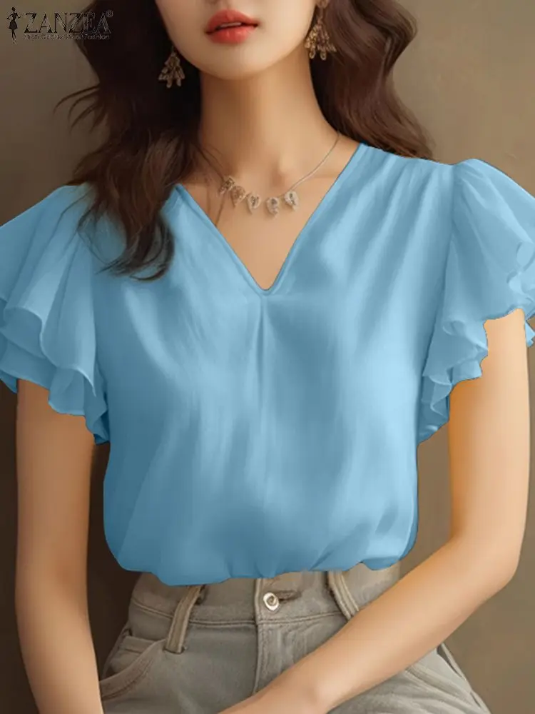 

ZANZEA Women Elegant Ruffle Sleeve V-nekc Tops 2024 Summer Party Blouse Korean Fashion Solid Shirt Tunic Vintage Loose Blusas