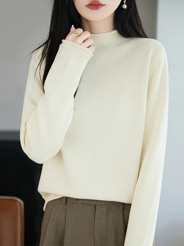 Thickened Pure Cotton Knitted Sweater Simple Casual Style Half High Collar Long Sleeve Women's Cuffed Base Layer Warm Skin-fr...