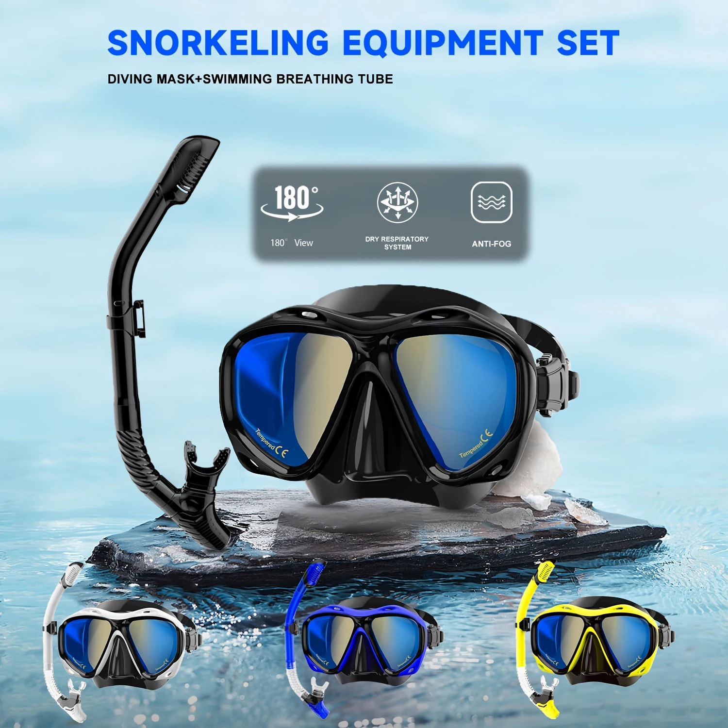 Professional Snorkel Set, Dry Snorkel with Anti-Fog HD Panoramic Scuba Dive Glasses Seal Tempered Mask Goggles Gear for Adults