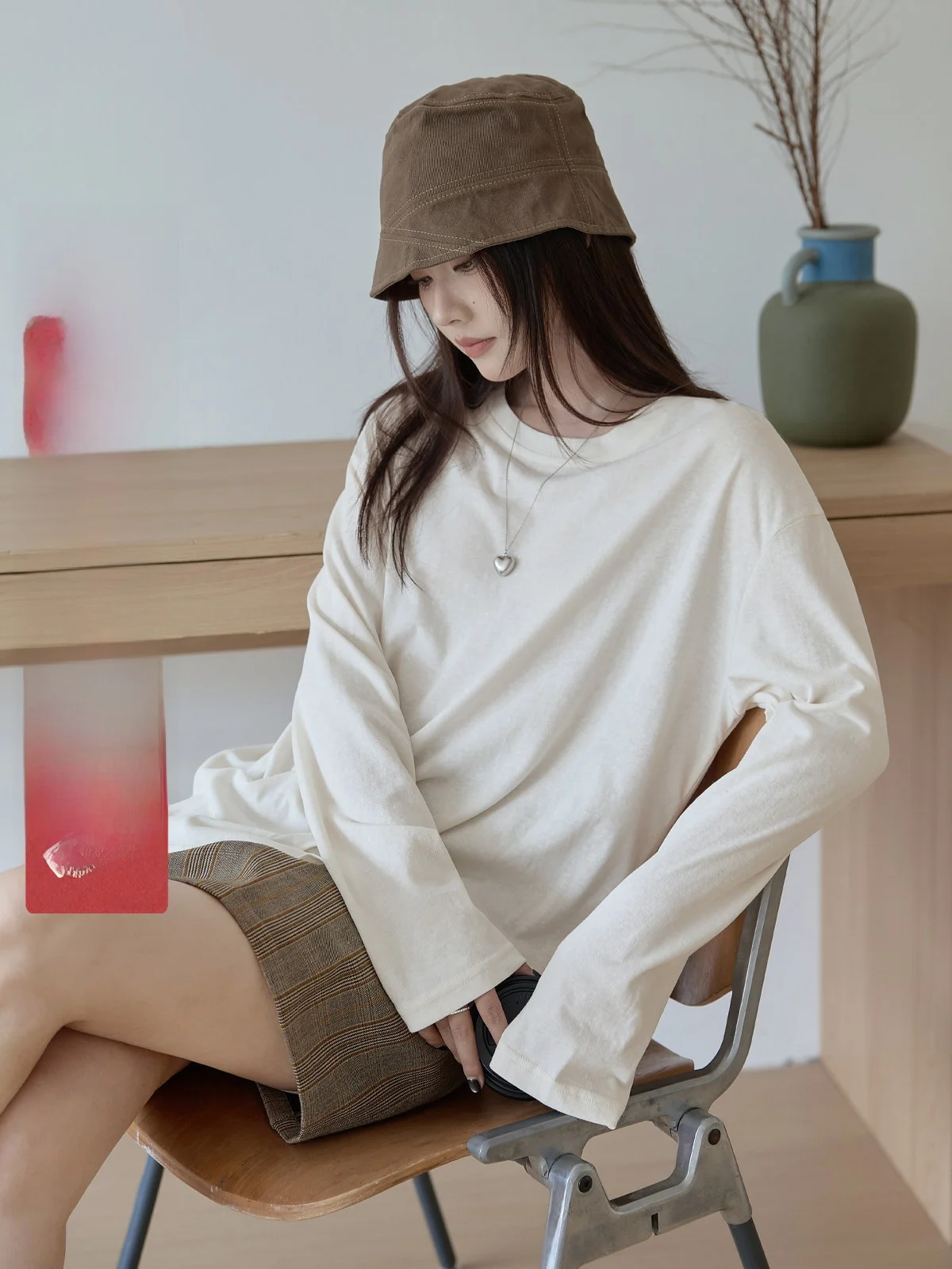

Loose Long Sve round Ne T-irt Women's Base Layer Top HuiXi Pear Color 2025 Autumn New Sle Simple Match All Day Long