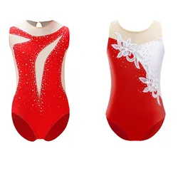 Kids Girls Sleeveless Mesh Diamonds Ballet Dance Leotard Gymnastics Bodysuit Dancewear Figure Ice Skating Performance Clothes