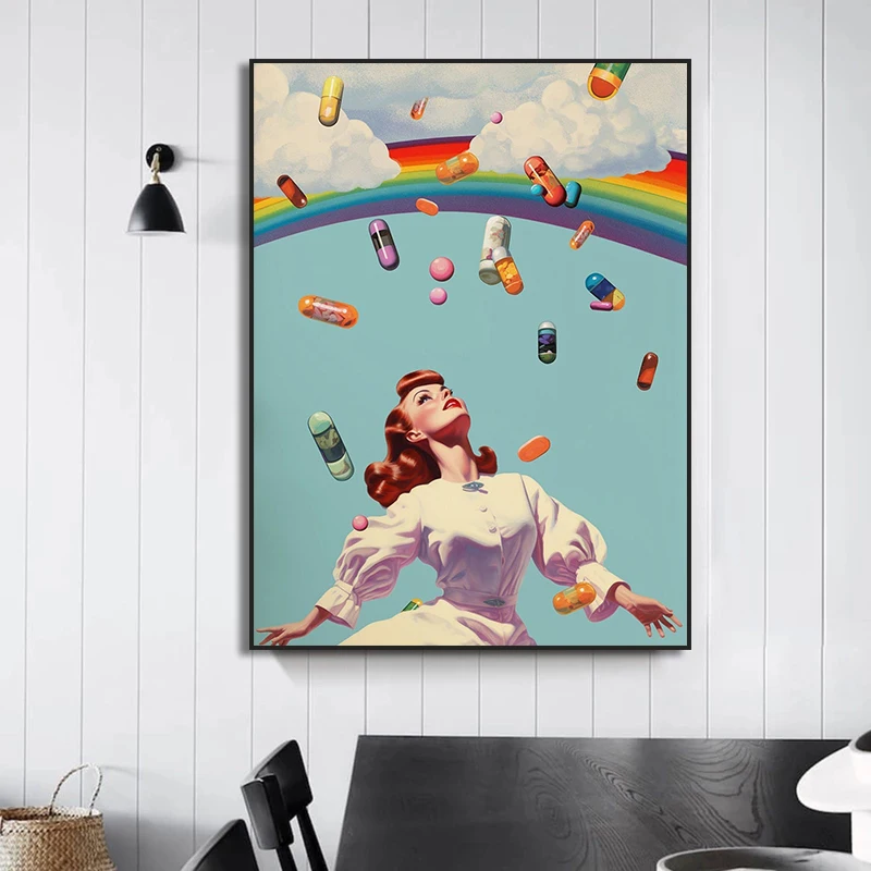 UFO الغريبة المشارك الرجعية ديسكو الكرة الصبار المشهد قماش اللوحة البقرة المشارك سريالية تريبي جدار ديكور فني للمنزل جدارية #3