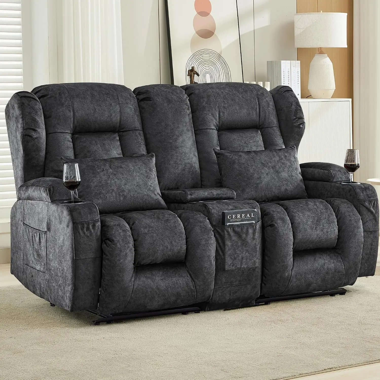 RV Double Wall Hugger Reclining Loveseat, Manual Recliner for Travel Trailer, 2 Seater with Console, Grey, Customized