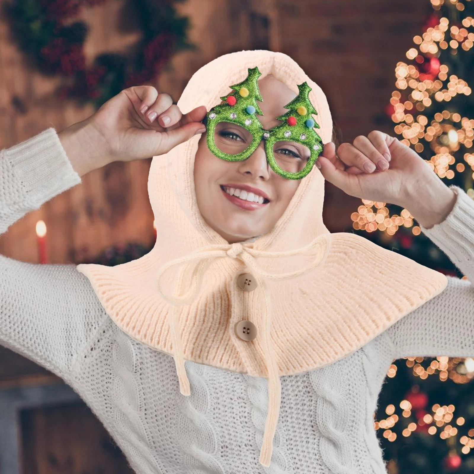 

Winter Warm Hat Scarf One piece Women Knitted Ear Protection Milk White Polyester Material Outdoor Cold Weather Fashionable