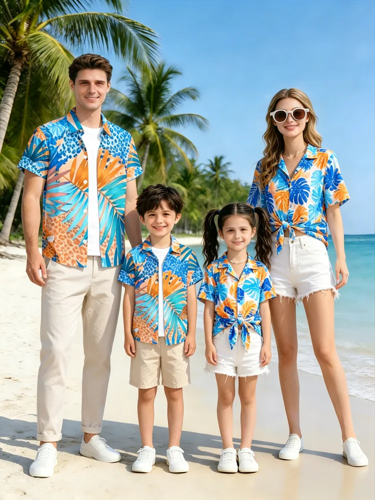 Summer Men's Family Wear Beach Hawaiian Shirt Tropical Summer Style Sandcastle Palm Tree Print Shirt Vacation Gift Child T-Shirt