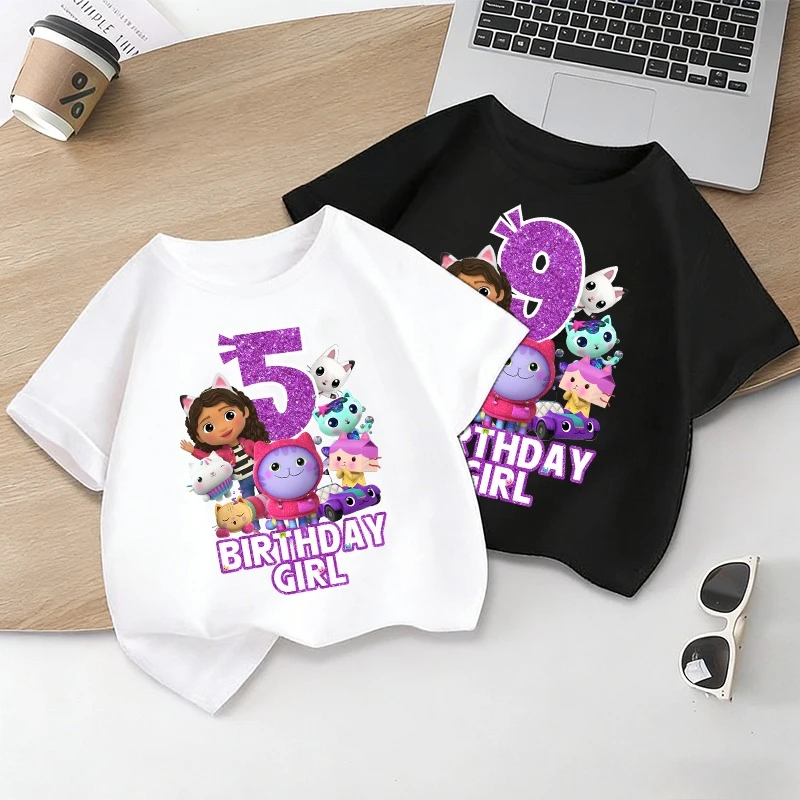 

Gabby Dollhouse Girl Birthday 1-9 Number T-shirt Party Supplies Cartoon Children Clothes Top Summer Short Sleeve Round Neck Tees