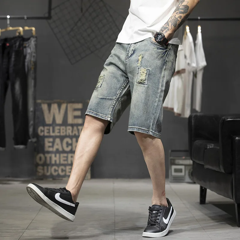 

Модные мужские джинсы из тонкого хлопкового денима, прямые, с пятью накладными элементами и рваными деталями, летняя верхняя одежда для молодежи